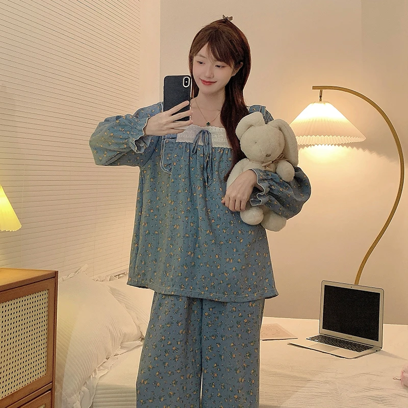 炸姐大码睡衣女秋季2025新款蓝色碎花长袖套装甜美可外穿家居服