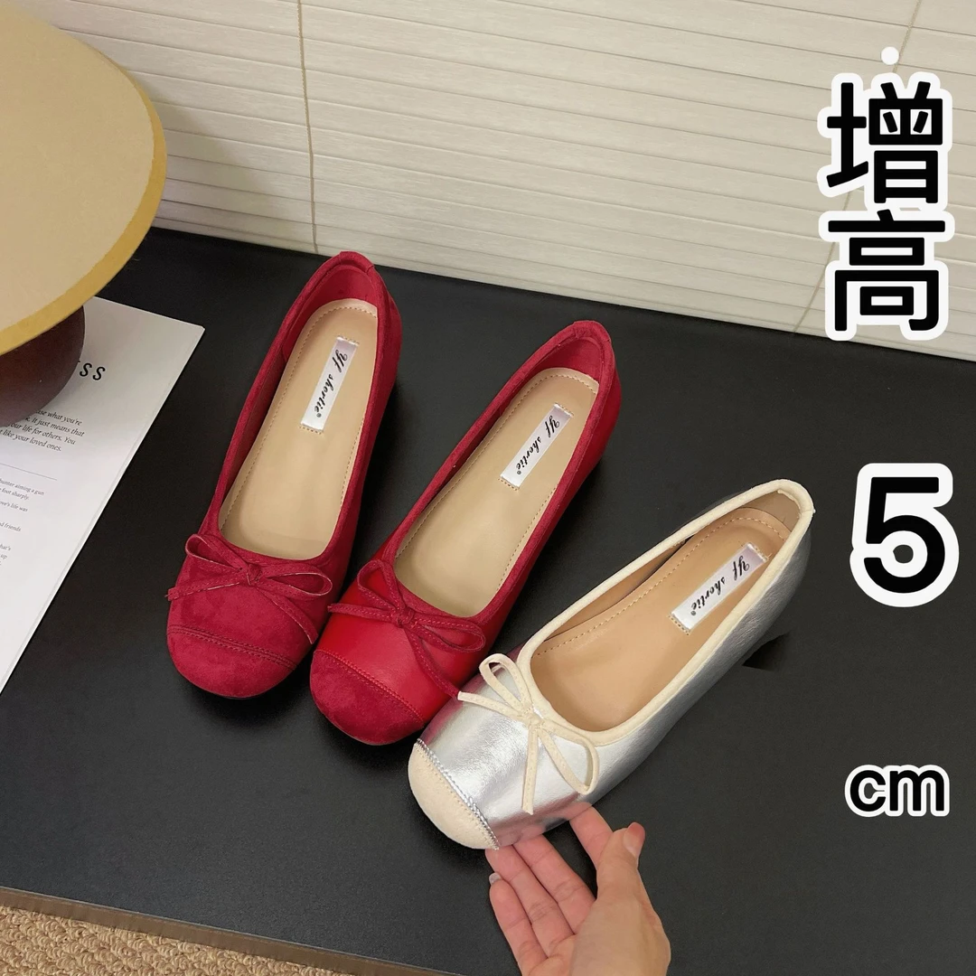 法式内增高5cm夏季浅口单鞋小香风蝴蝶结女单鞋平底大码芭蕾鞋