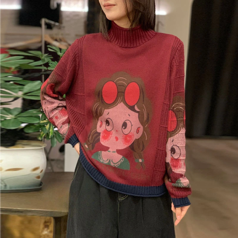 2025早春新款爆款纯棉纱线加厚半高领数码植物喷印花形套头针织衫
