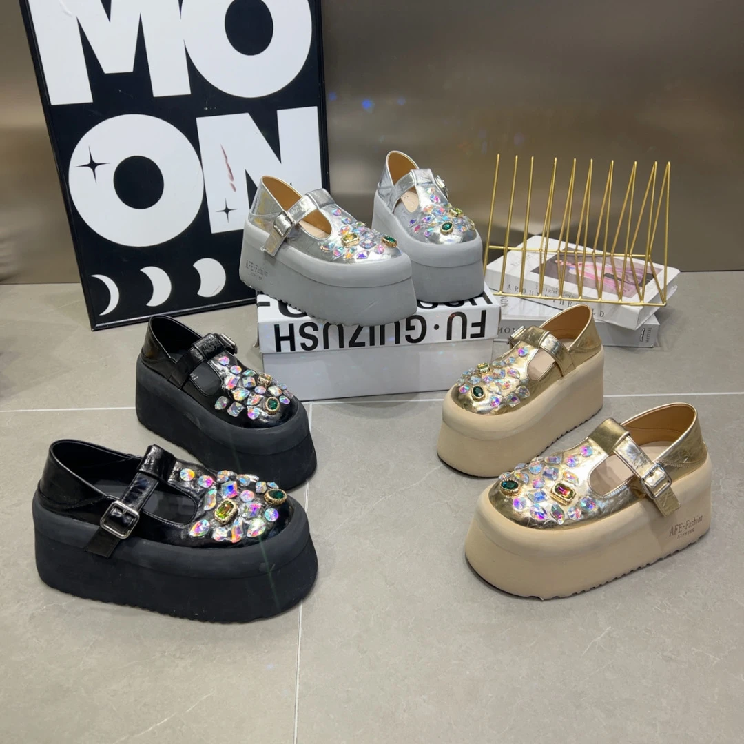 时尚百搭水钻潮鞋单鞋玛丽珍鞋松糕厚底夏季复古低帮圆头松糕底