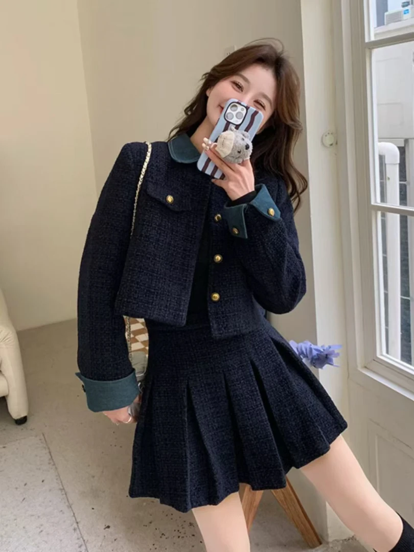 大码小香风拼接牛仔冬季套装显瘦气质拼接夹棉外套半身裙两件套