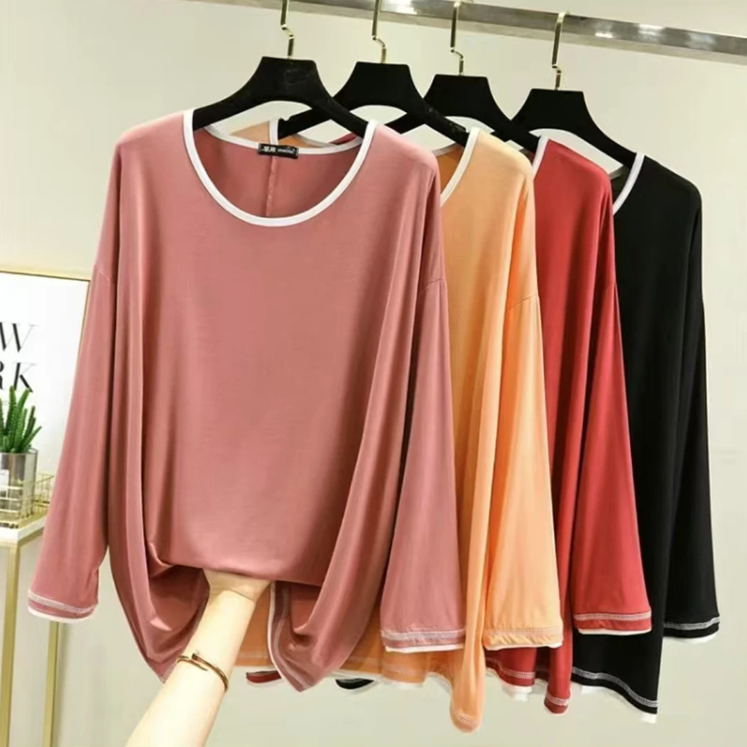 纯色软糯舒适女高级感时尚圆领长袖T恤可打底休闲宽松设计感H469