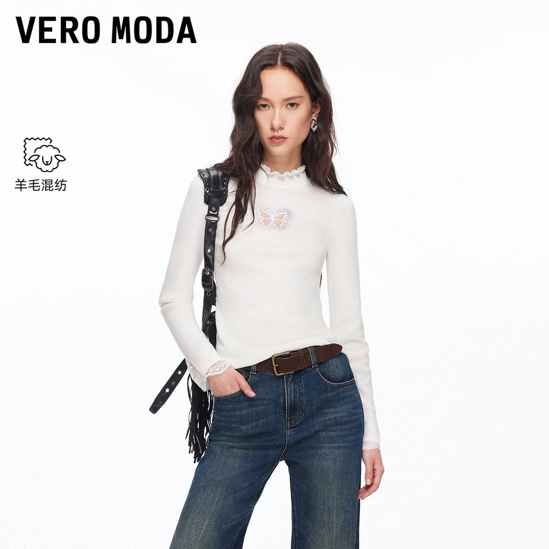 Vero Moda针织衫女2026春季新款蝴蝶花边领口修身上衣显瘦百搭