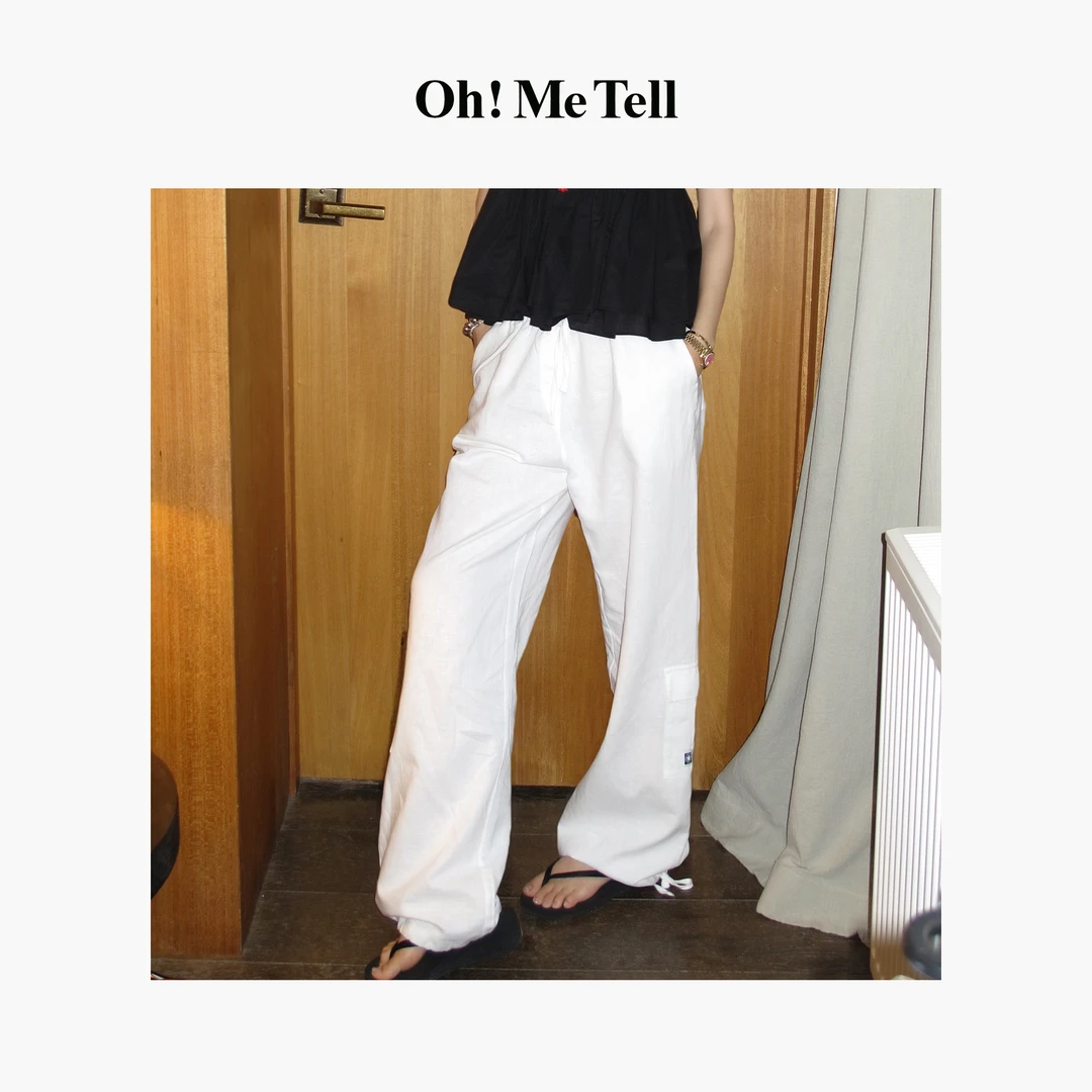 Oh！Me Tell【虞书欣同款】亚麻多口袋工装裤松紧腰宽松直筒休闲裤女