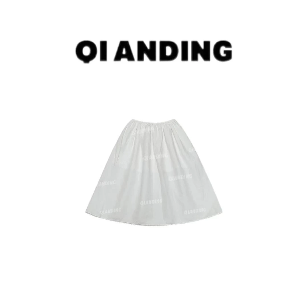 【QIANDING】编织花边棉麻小白裙简约纯色半身裙A2522