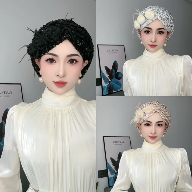 高品质重工亮片玫瑰羽毛轻奢款帽子（偏大款）