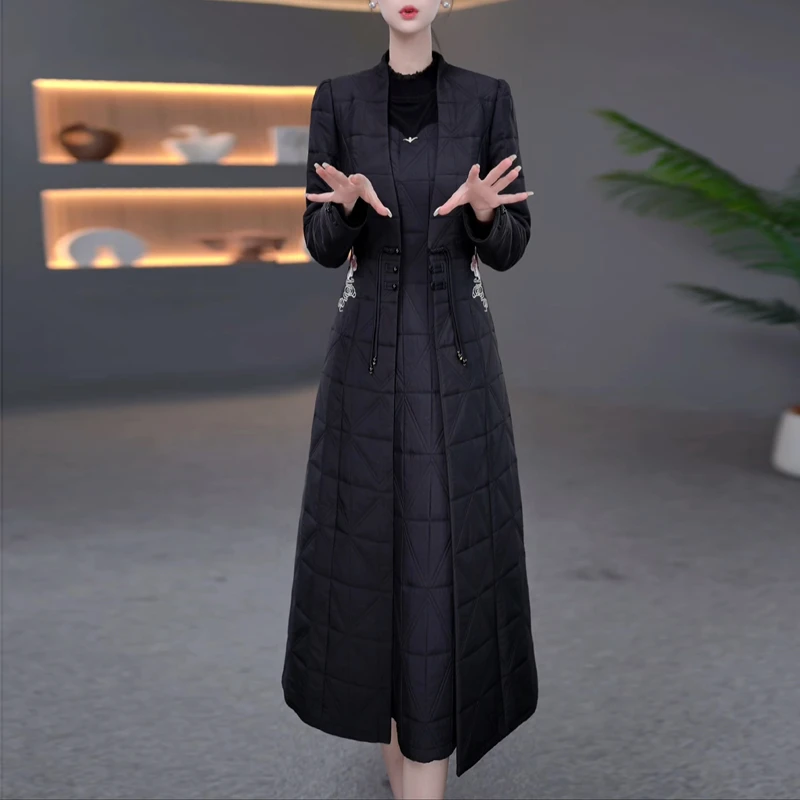 优雅气质妈妈装保暖加厚夹棉风衣+显瘦中式国风连衣裙秋冬两件套