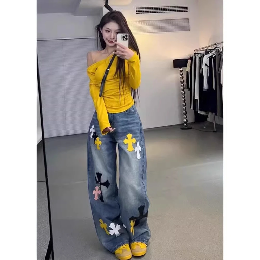 重工十字架贴皮刺绣直筒牛仔裤女2025夏季新款设计感小个子穿搭