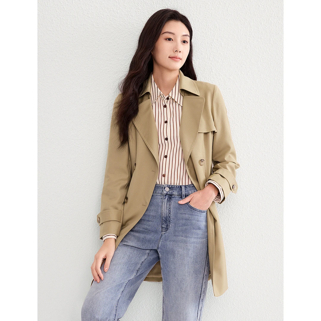 【婷婷专属】新款纯色高级感通勤气质双排扣中长款风衣外套女