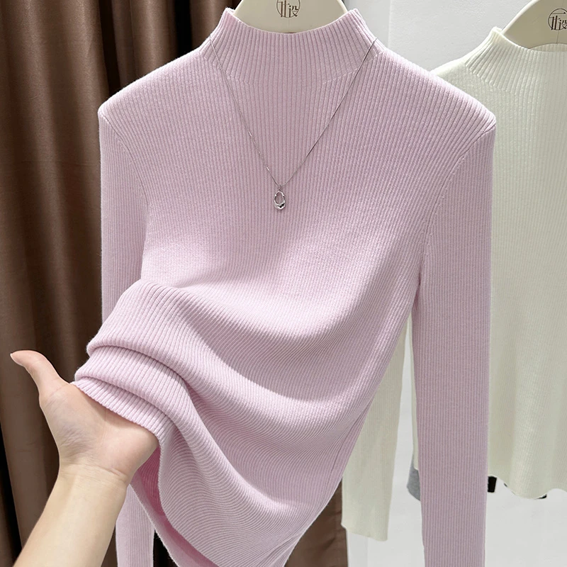粉色气质半高领长袖上衣女软糯弹力针织衫秋季百搭修身显瘦打底衫