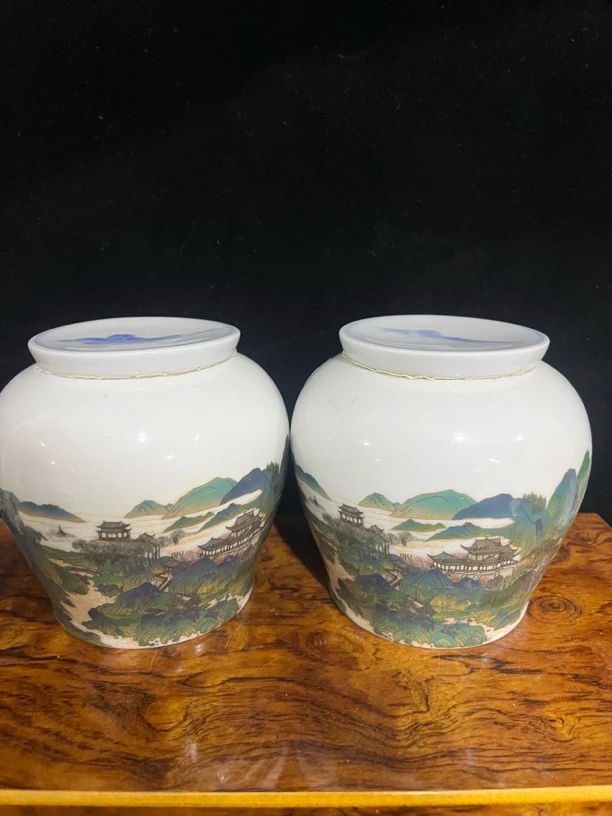 陶瓷茶叶罐五彩观山水高档储物罐密封罐家用防潮摆件