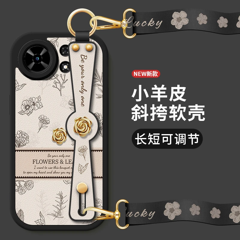 适用华为麦芒40手机壳电信麦芒40新款女斜跨腕带挂绳支架轻奢花朵