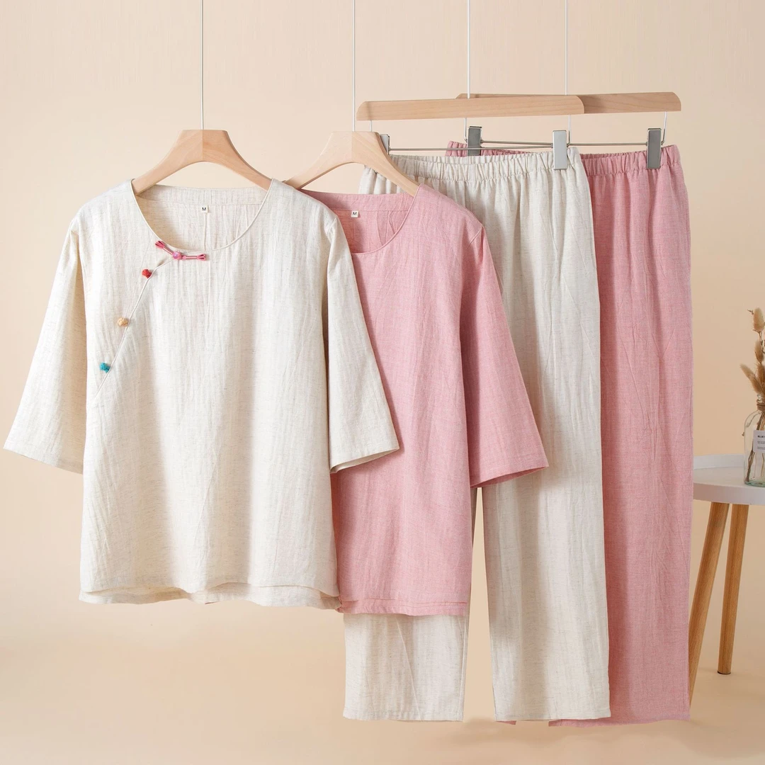 高端薄款国风可外穿睡衣女纯棉女春夏季纯色宽松休闲家居服套装