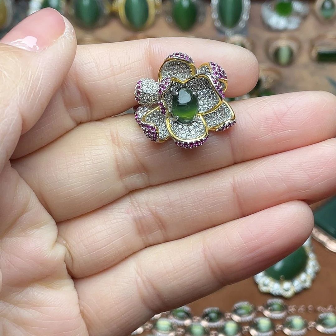 和田玉（碧玉）银S925镶嵌吊坠(不含链)戒指