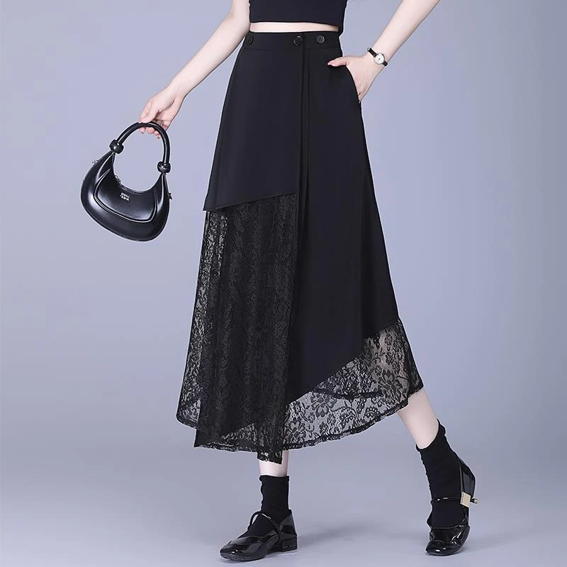 不规则黑色蕾丝半身裙女夏季薄款高腰显瘦气质长裙子一片式a字裙