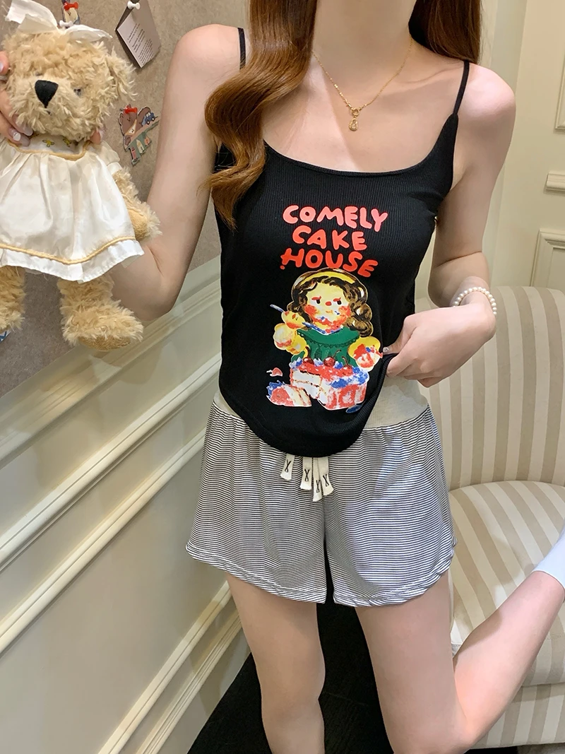 夏季睡衣女吊带背心短裤套装家居服卡通印花条纹短裤显瘦短款家居