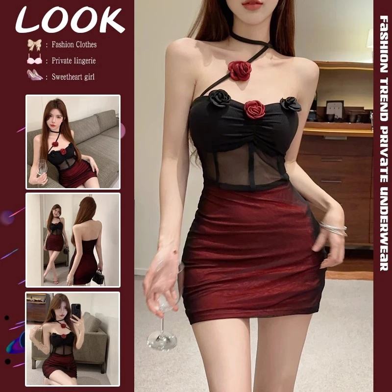 【玫瑰花少女】80-180斤纯欲辣妹性感吊带睡裙内衣胸垫薄透包臀裙