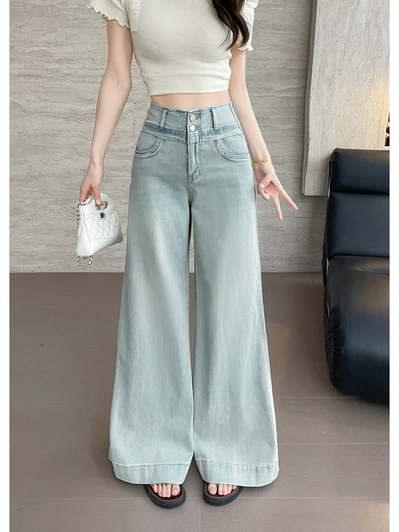 时尚简约流行设计宽松不贴腿设计牛仔裤女2025夏季透气阔腿微喇裤