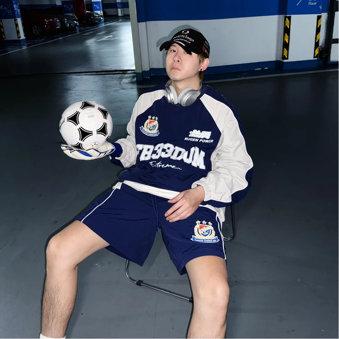 A【套装】运动休闲情侣男韩版拼接套头长袖短裤运动套装防晒两件套