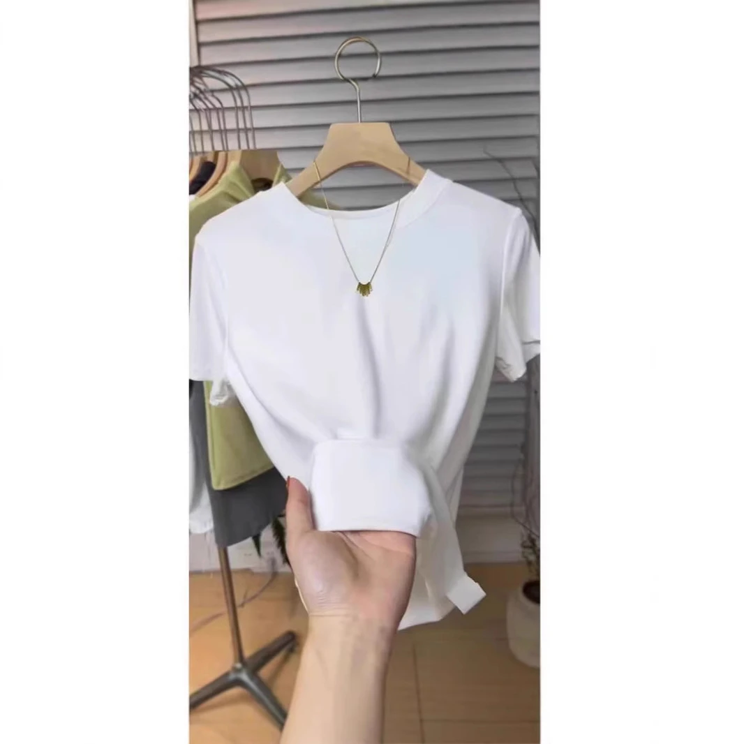 轻奢纯棉纯色短袖正肩圆领恤女夏季新款轻奢恤修身显瘦打底
