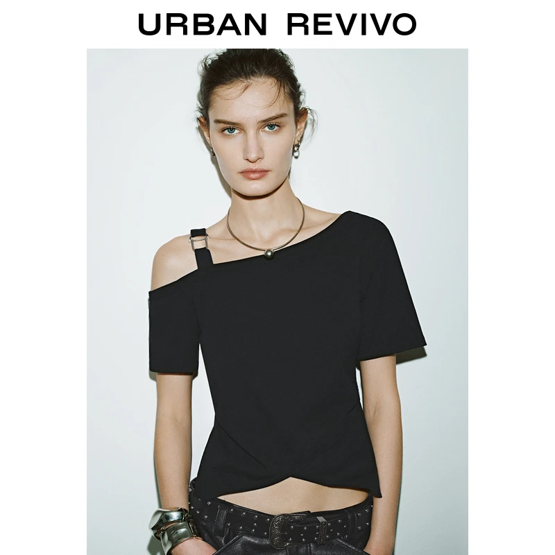 UR2025春季新款女装欧若风时髦不规则设计感斜肩领T恤UYV450003