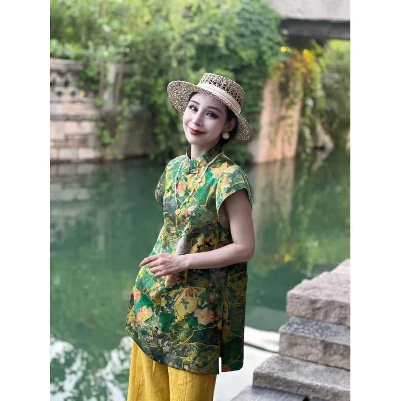 夏季气质时尚百搭洋气显瘦新中式花螺绿花短袖上衣ML25836C