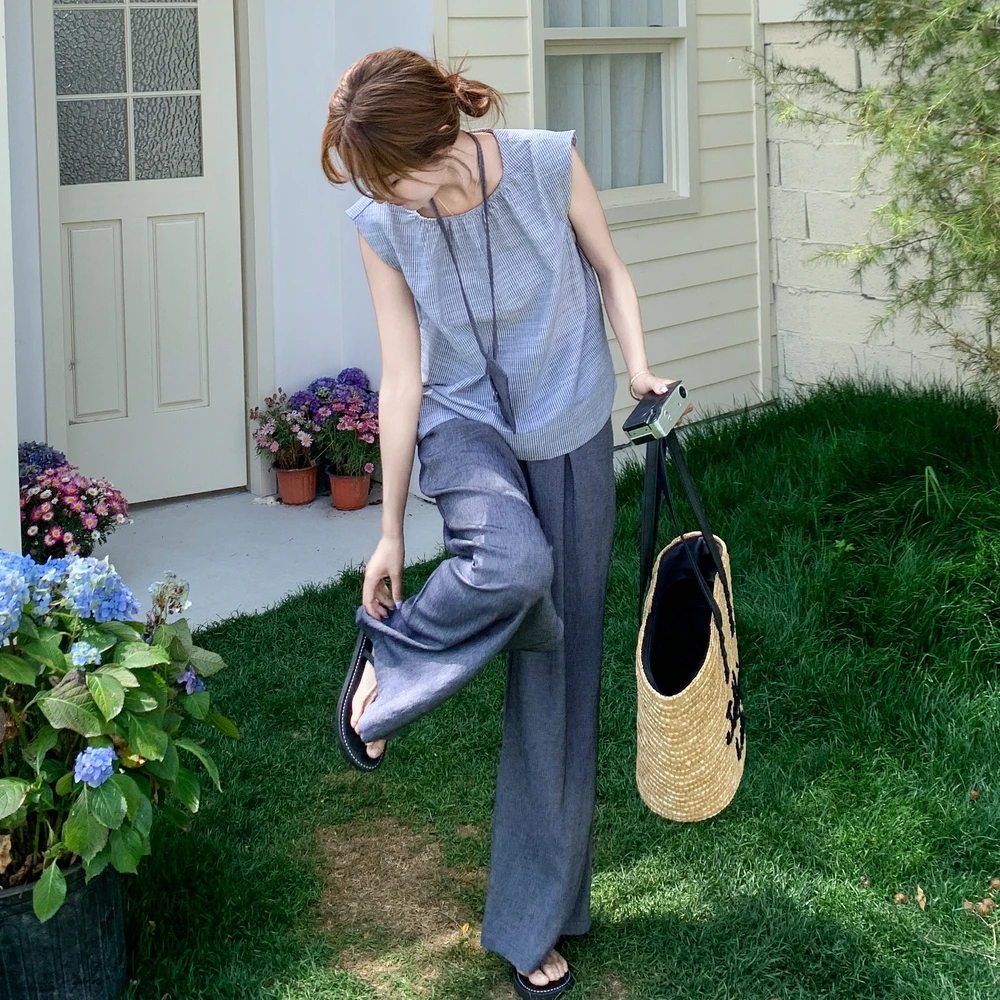 蓝色韩系无袖上衣阔腿裤套装2025新款女夏流行爆款休闲ootd一整套