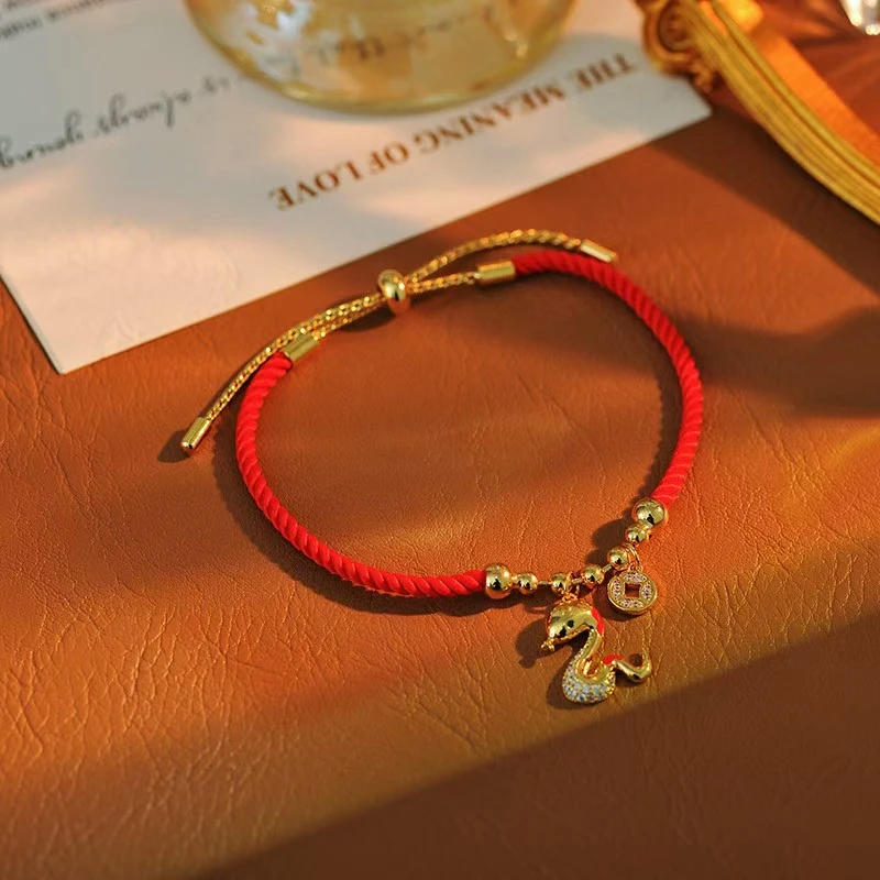铜合金合成锆石手链 e193---新年款灵蛇气质百搭红绳手链