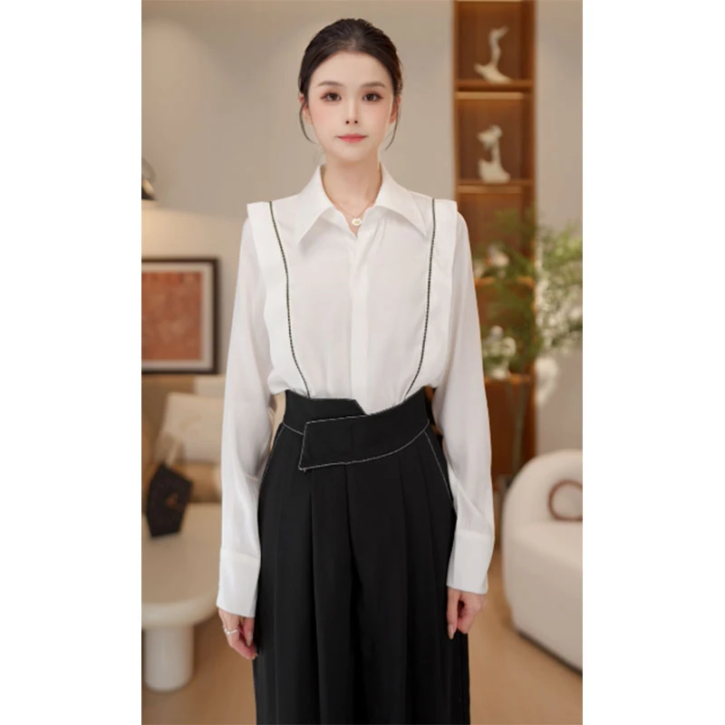 雪er【夜雨】早秋新品拼色长袖衬衫女宽松百搭显瘦上衣WC1989204