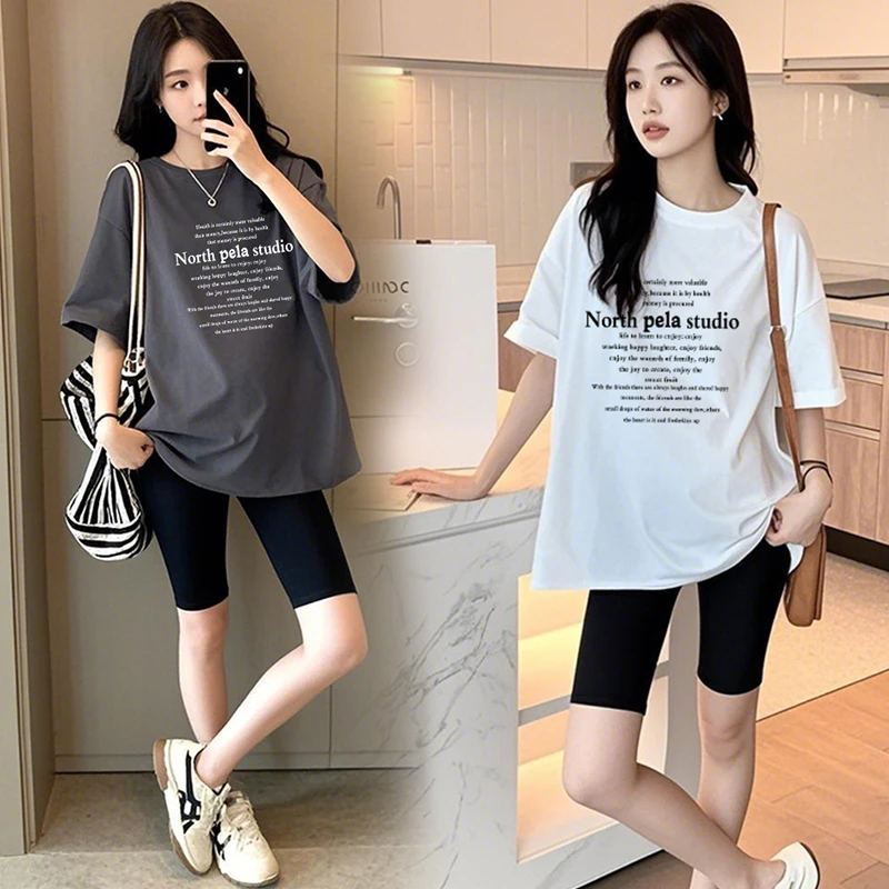 孕妇装夏季套装外穿2025新款短袖T恤字母上衣短裤夏装薄款两件套