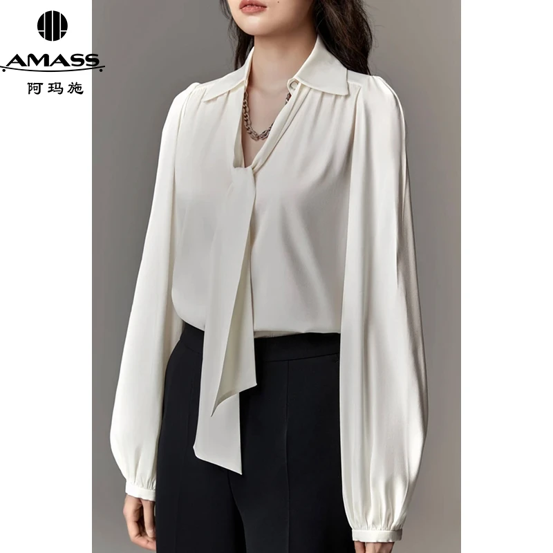 AMASS/阿玛施轻职场法式V领附链条飘带造型显瘦时尚衬衫女5300968