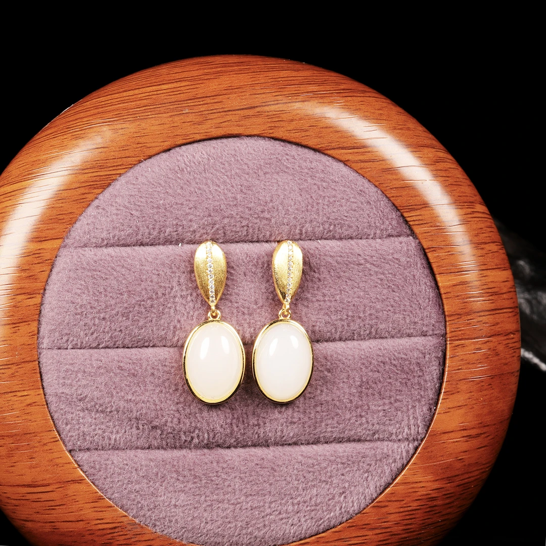 【小娟珠宝】G56  精品白玉DIY银镶碎钻蛋面耳钉 jy17