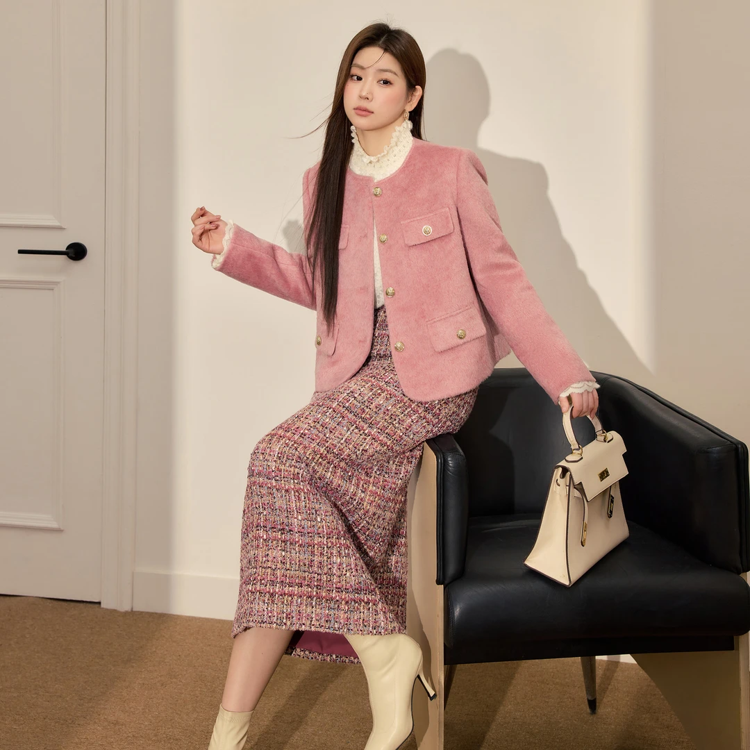 蓝语【保暖】大码胖mm优雅名媛风显瘦小香风半身裙羽绒外套