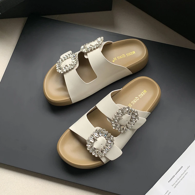 方扣水钻真皮双带小个子厚底拖鞋女夏外穿增高踩屎感小码32半拖鞋