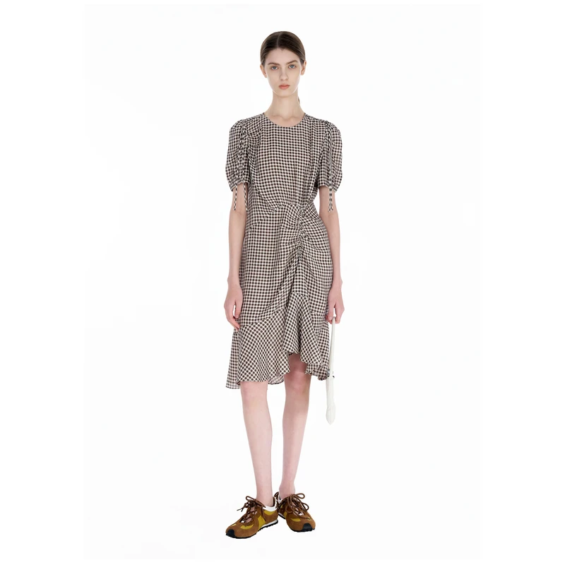 IIIVIVINIKO 2025SS"高捻人造丝"不对称格纹连衣裙R520611145D