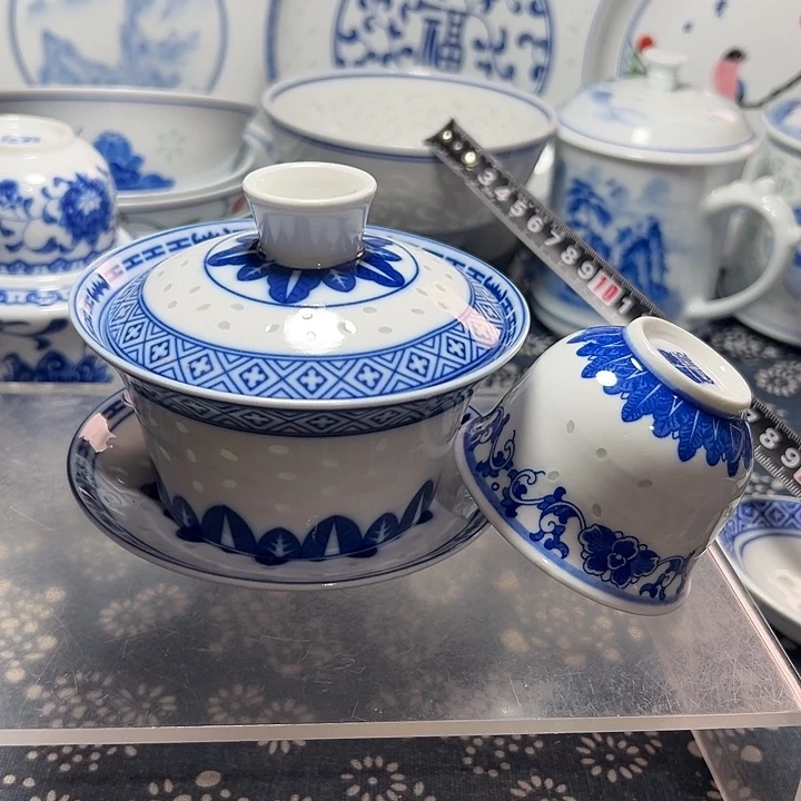 陶青花玲珑三才盖碗一个小茶杯