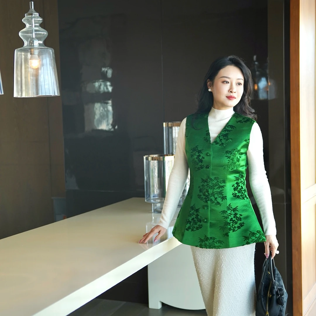 【高级定制】翠裳· 非遗漳绒·绿色竹梅纹新中式马甲