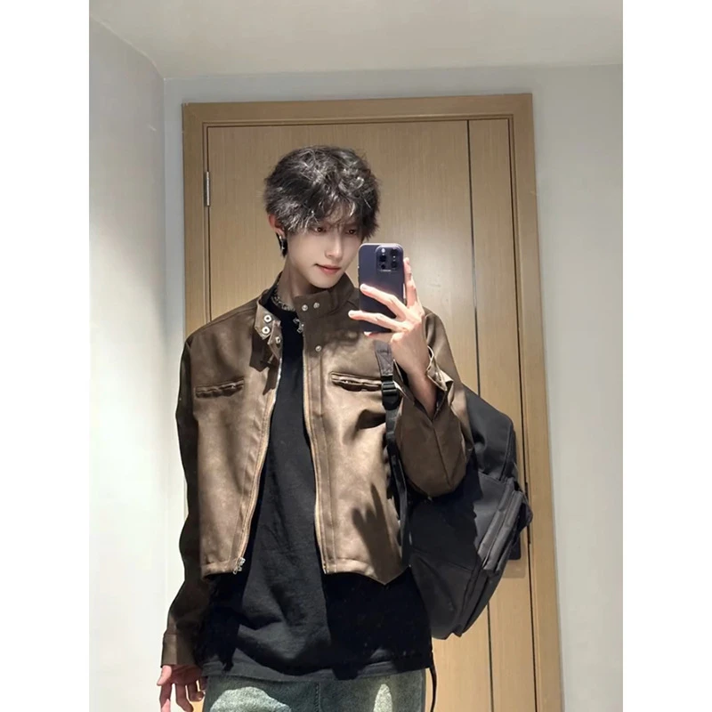 美拉德男模垫肩外套男秋季痞帅复古高级感机车服短款pu皮飞行夹克