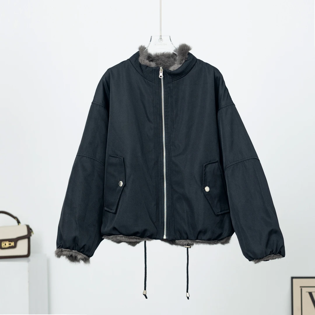 A1905【双面穿】立领长袖宽松型秋冬冬季女兔毛派克服短外套k1705