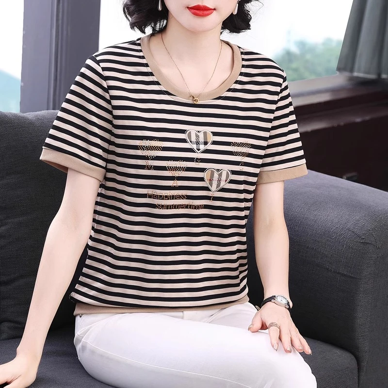 妈妈夏装条纹短袖t恤女士圆领中年洋气宽松半袖小衫纯棉减龄上衣