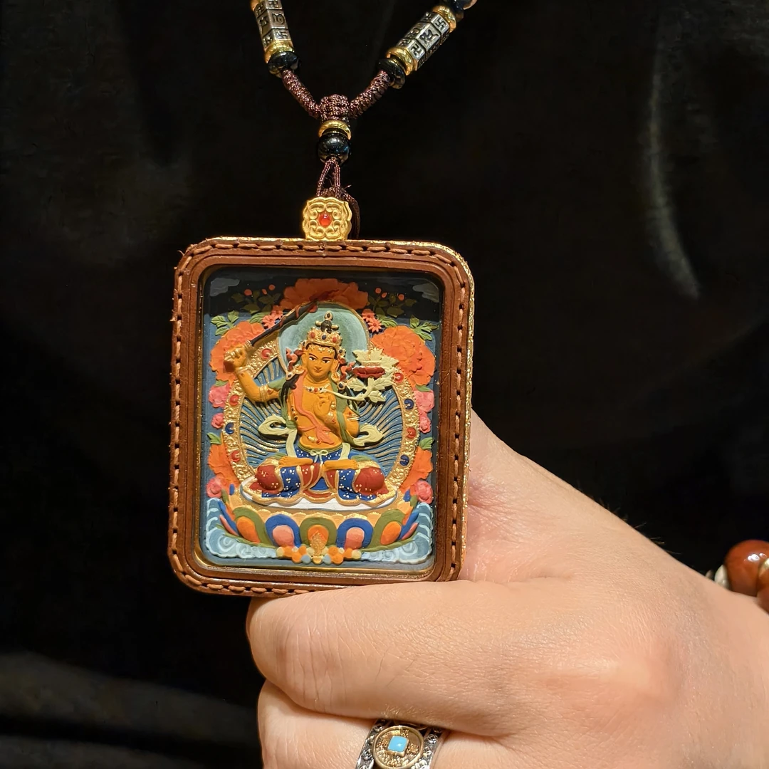 铜皮质吊坠 唐卡吊坠不动明王五爷文殊菩萨立体彩绘手绘皮壳唐卡