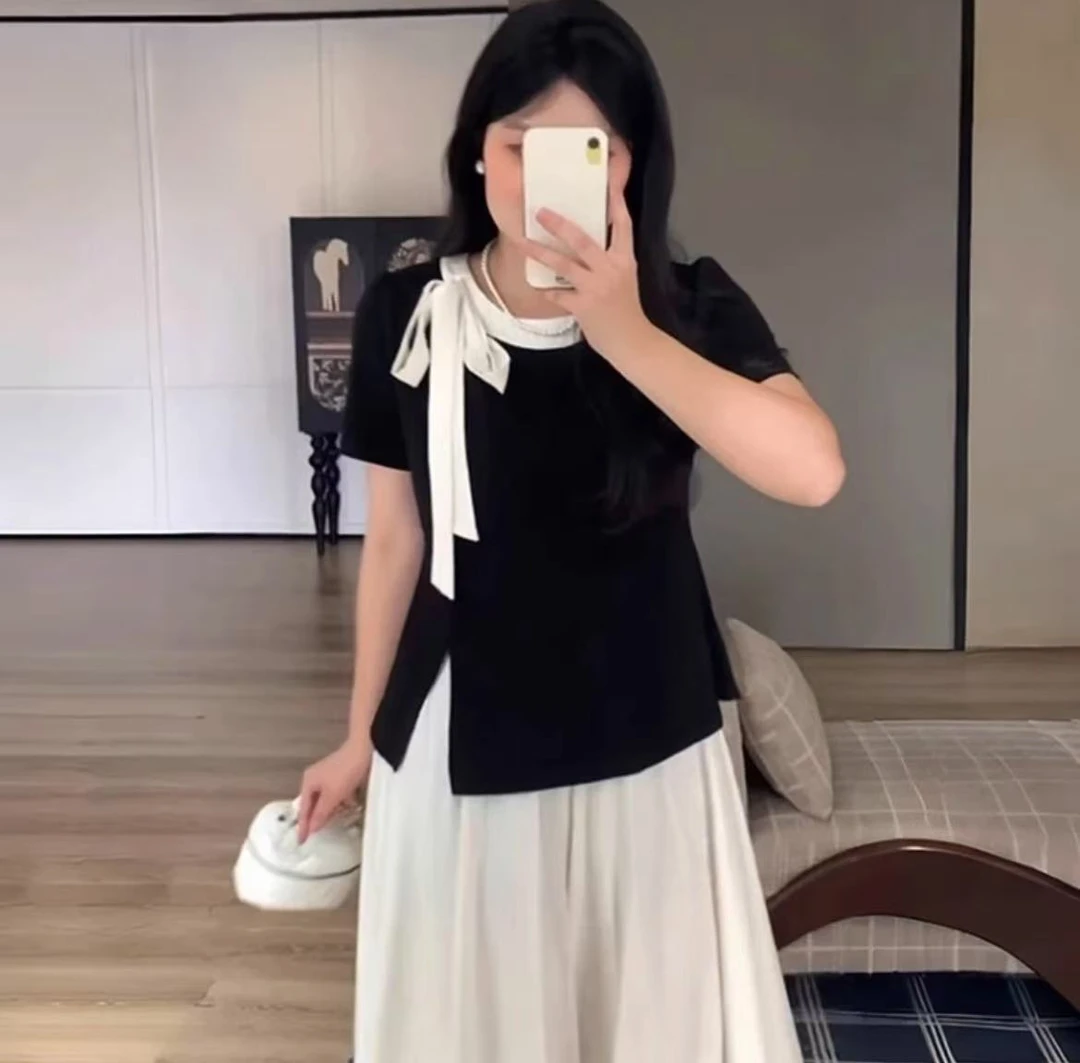 140斤到160斤微胖mm黑色系带开叉短袖T恤女夏季大码正肩圆领上衣