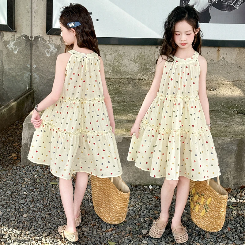 女童夏季新款裙子中大童女孩时尚百搭洋气甜美波点露肩公主连衣裙
