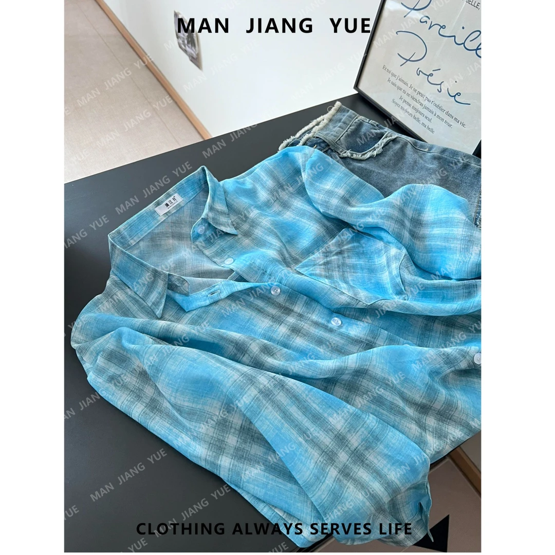 2025夏季新款韩系ins风撞色格子宽松休闲长袖衬衫