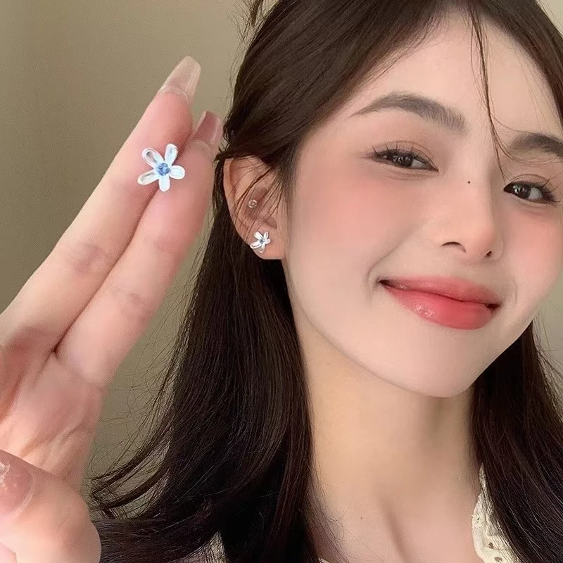 925银针甜美五瓣花朵蓝锆石耳钉简约百搭少女心ins风耳环春日耳饰