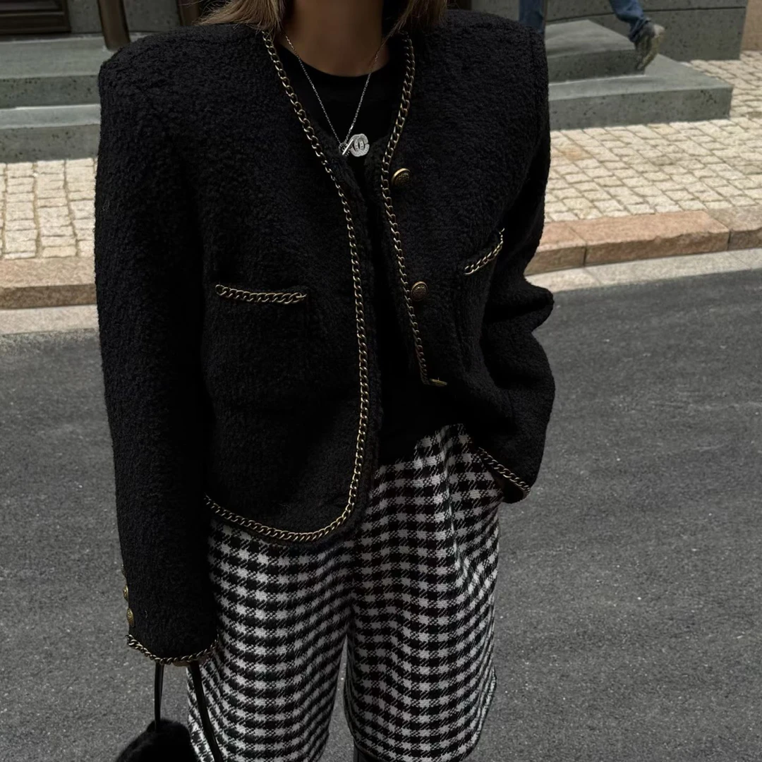 吴大大-高定款秋冬新款韩系复古小香风粗花呢短款外套女气质显瘦