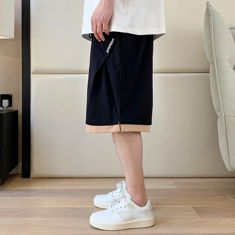 THE PANG潮牌大码男装2025夏胖子假两件针织短裤男宽松休闲五分裤