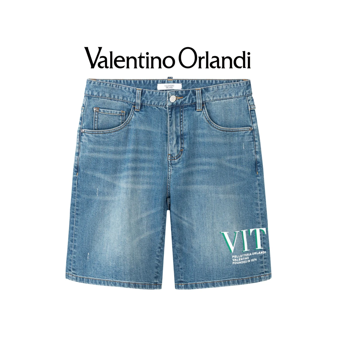 Valentino orlandi男士夏季时尚百搭印花logo蓝色牛仔短裤