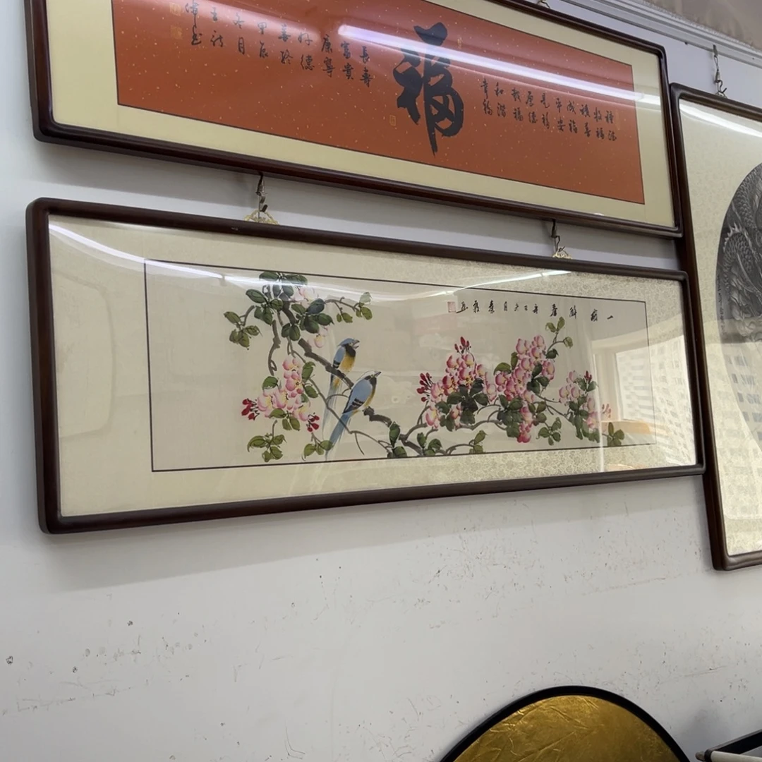 国画四尺对开海棠花画框165×49