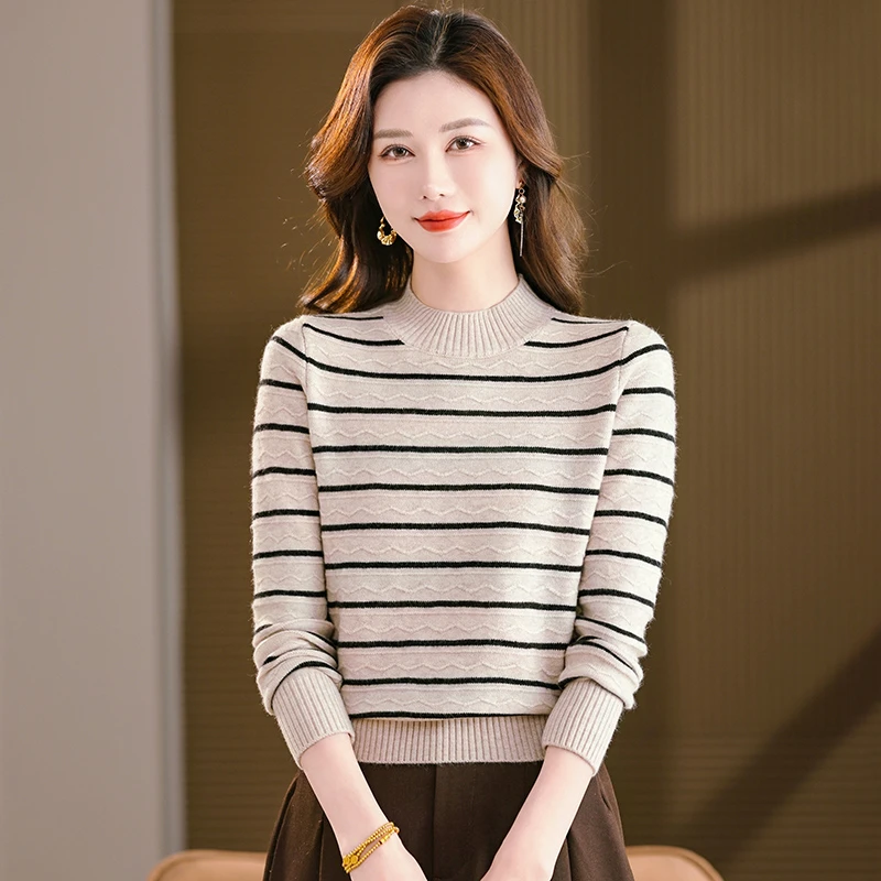 2025秋冬新款精致洋气设计感条纹显瘦遮肉保暖中领长袖女士厚上衣